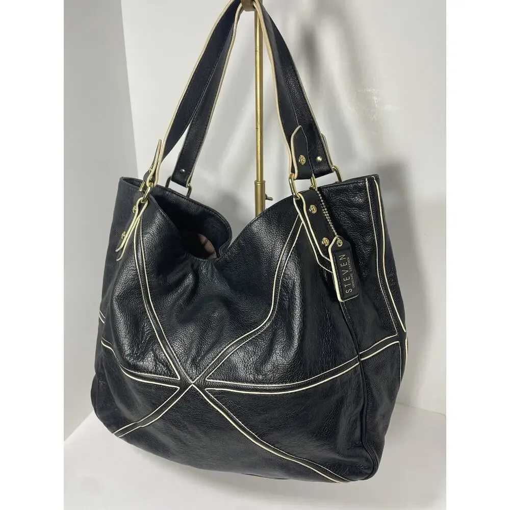 Steven by Steve Madden Leather Large Tote Bag Purse Hobo Black w/Ivory Trim